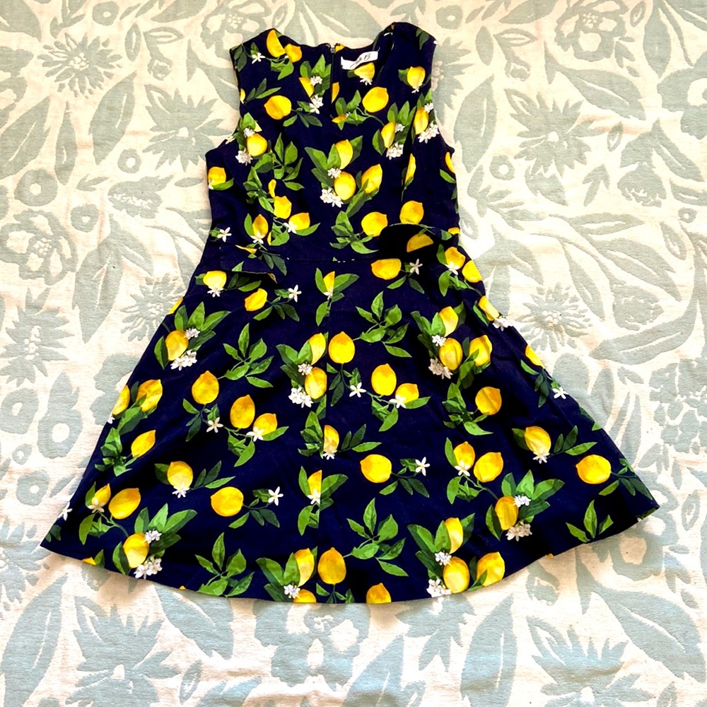 Size 12 Chetta B Mini Dress Navy Blue with yellow lemon print fit and flare